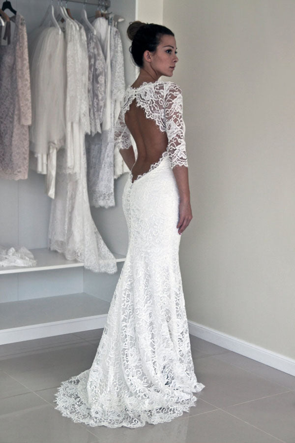 See Through Lace Half Sleeve Beach Wedding Dress