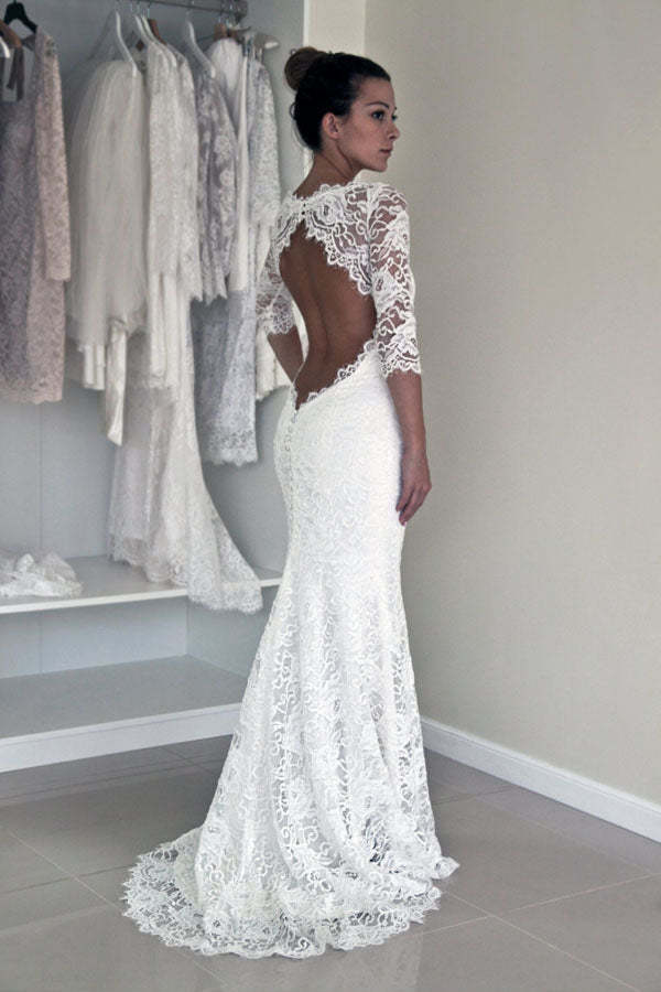 See Through Lace Half Sleeve Beach Wedding Dress