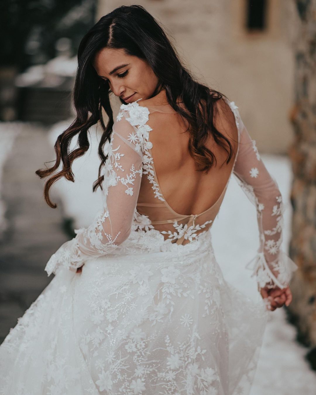 See Through Long Sleeve Lace Wedding Dress With Lace Appliques