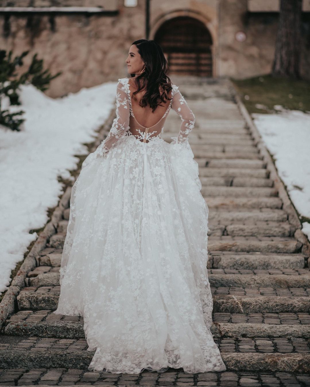 See Through Long Sleeve Lace Wedding Dress With Lace Appliques
