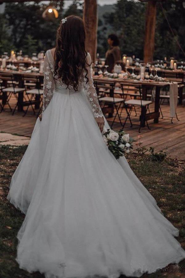 See Through Long Sleeve Rustic Wedding Dress With Lace Appliques
