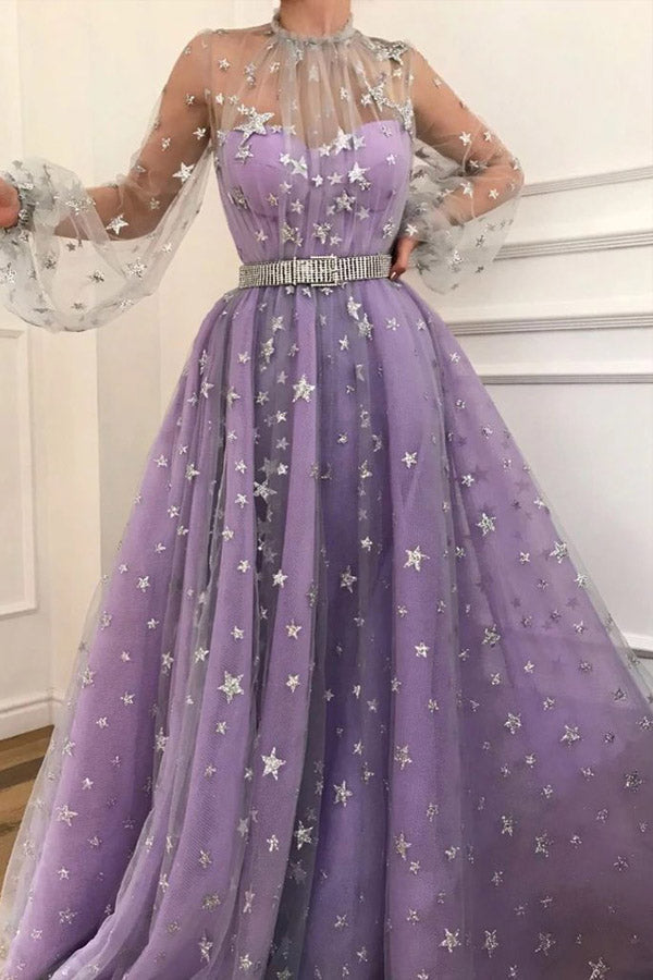 See Through Puff Sleeve Lilac Star Lace Prom Dress With Belt