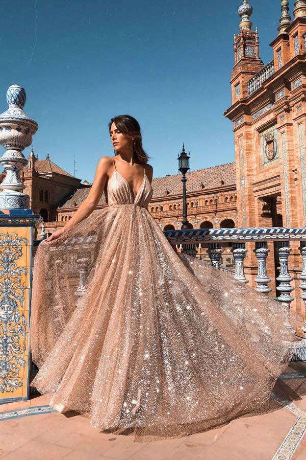 Sexy Deep V Neck Backless Long Prom Dress Sparkly Party Dress