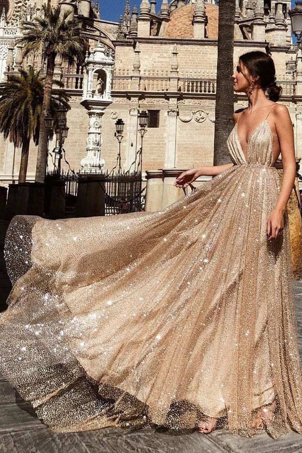 Sexy Deep V Neck Backless Long Prom Dress Sparkly Party Dress