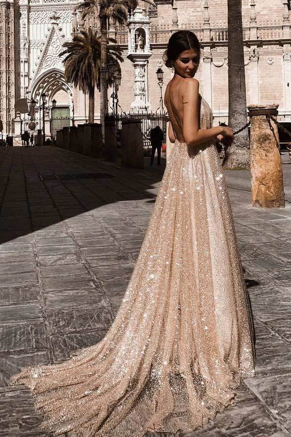 Sexy Deep V Neck Backless Long Prom Dress Sparkly Party Dress