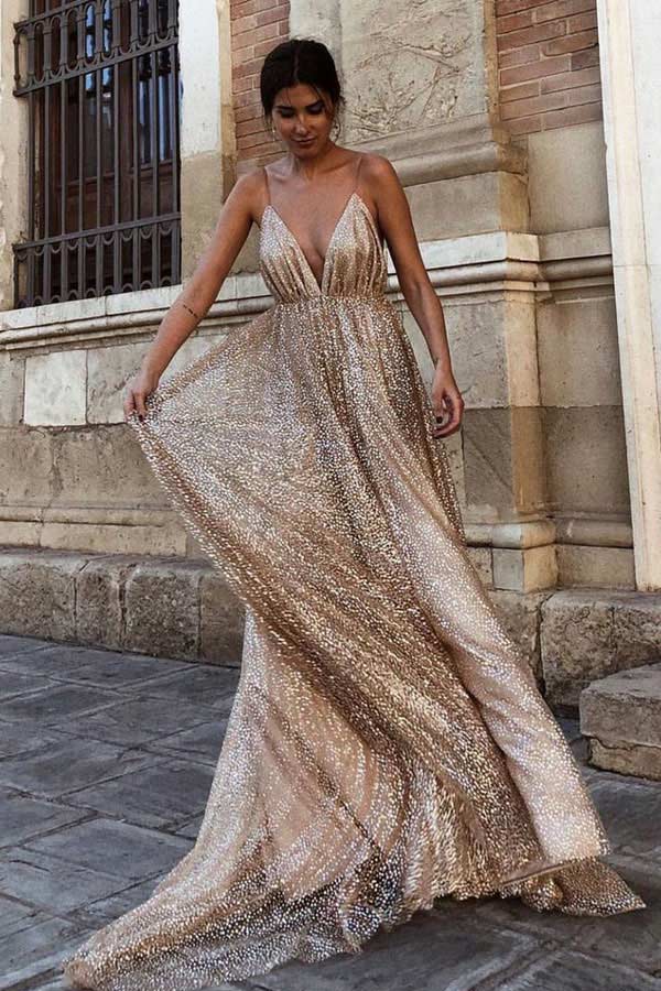 Sexy Deep V Neck Backless Long Prom Dress Sparkly Party Dress