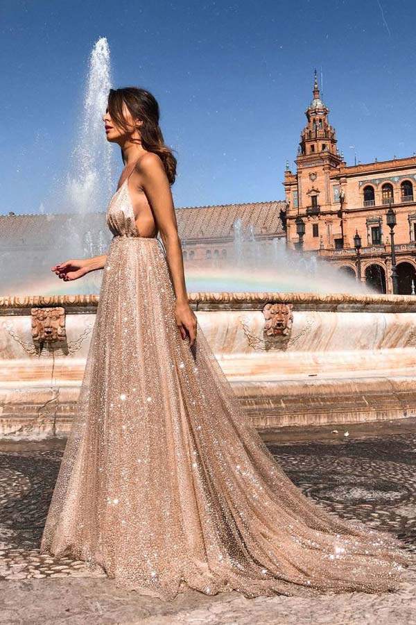 Sexy Deep V Neck Backless Long Prom Dress Sparkly Party Dress