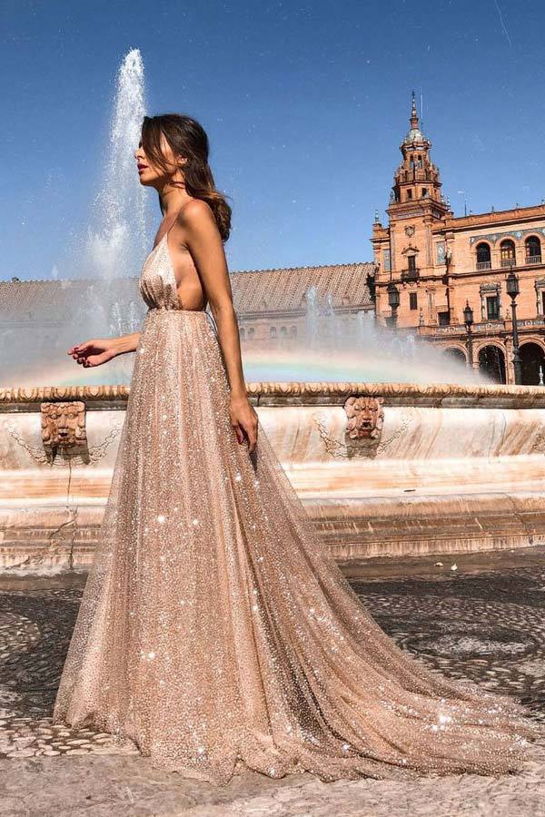 Sexy Deep V Neck Backless Long Prom Dress Sparkly Party Dress
