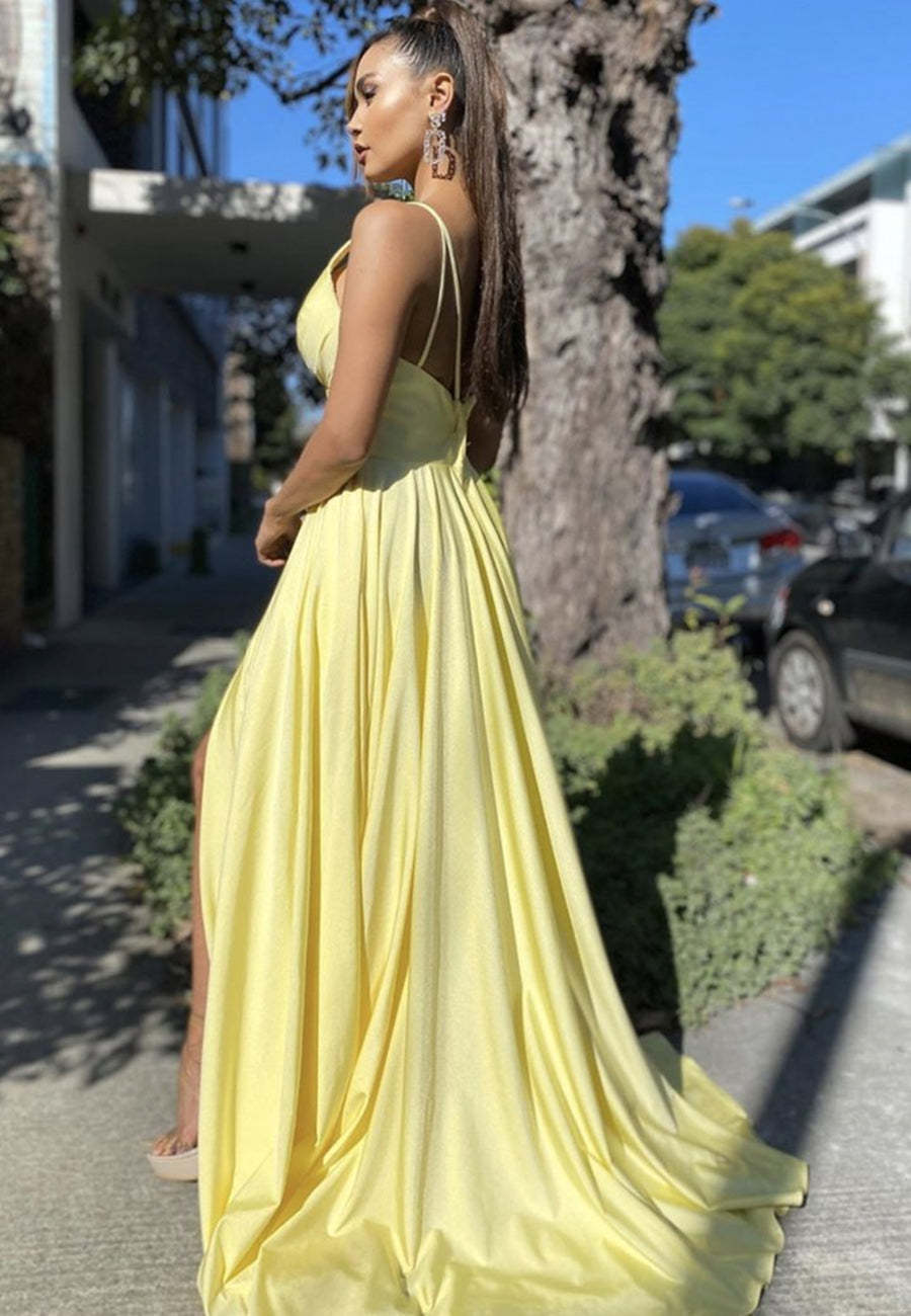 Sexy V Neck Backless Yellow Long Prom Dresses with  Backless Yellow Formal Dresses, Yellow Graduation Evening Dresses