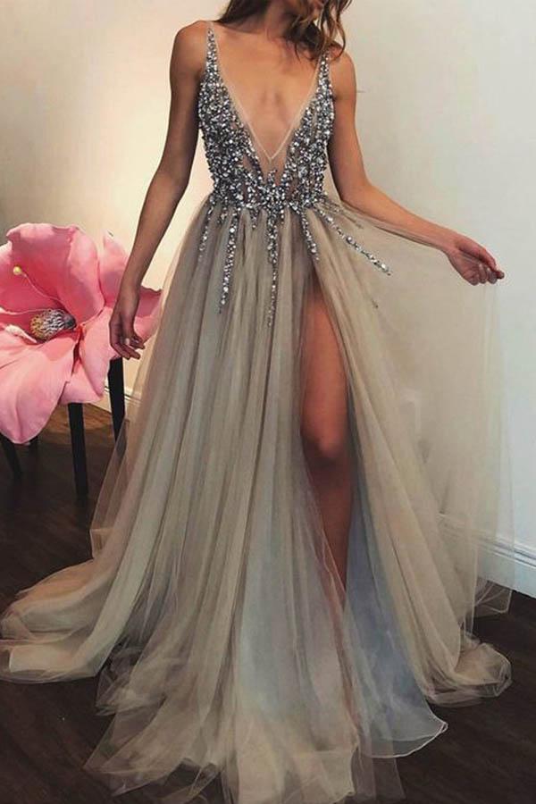 Sexy V Neck High Slit Tulle Long Prom Dress With Beading