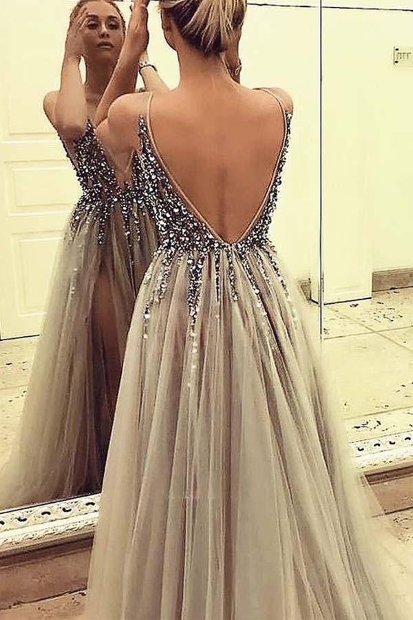 Sexy V Neck High Slit Tulle Long Prom Dress With Beading