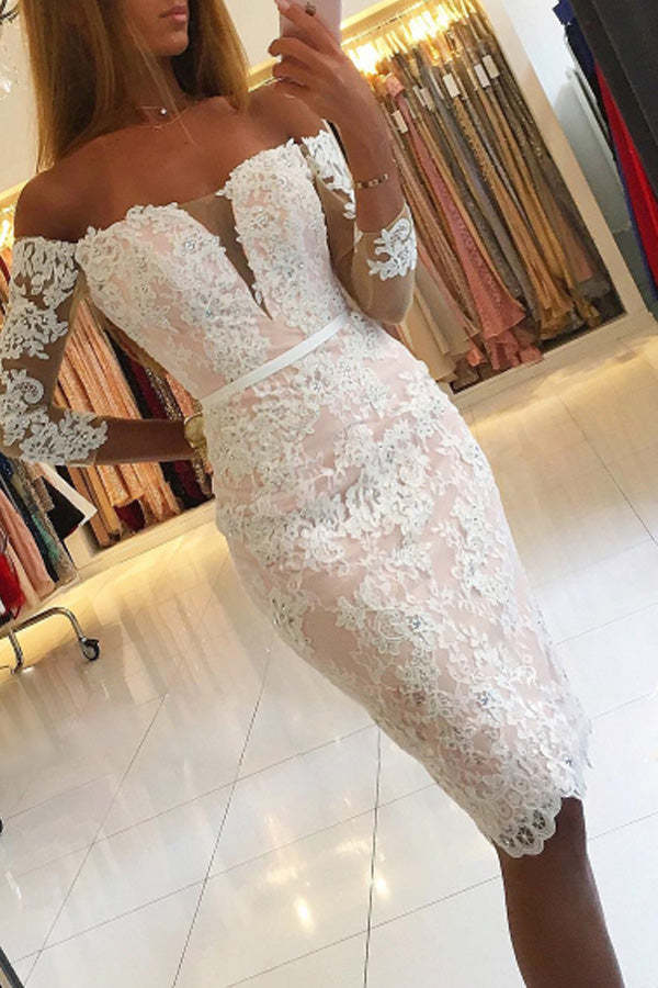Sheath 3/4 Sleeve Short Prom Dress Lace Appliques Homecoming Dress