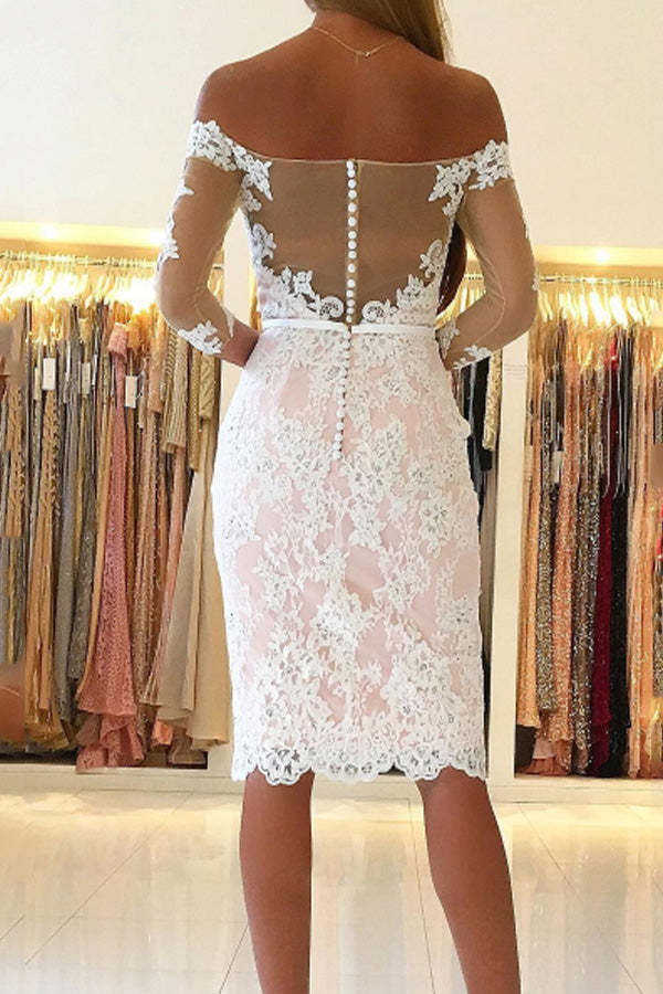 Sheath 3/4 Sleeve Short Prom Dress Lace Appliques Homecoming Dress
