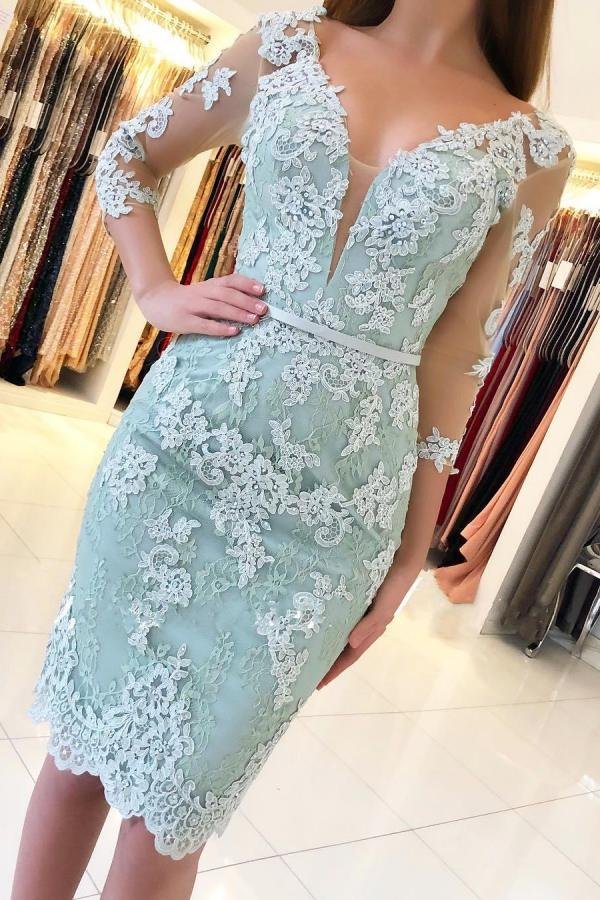 Sheath 3/4 Sleeve Short Prom Dress Lace Appliques Homecoming Dress