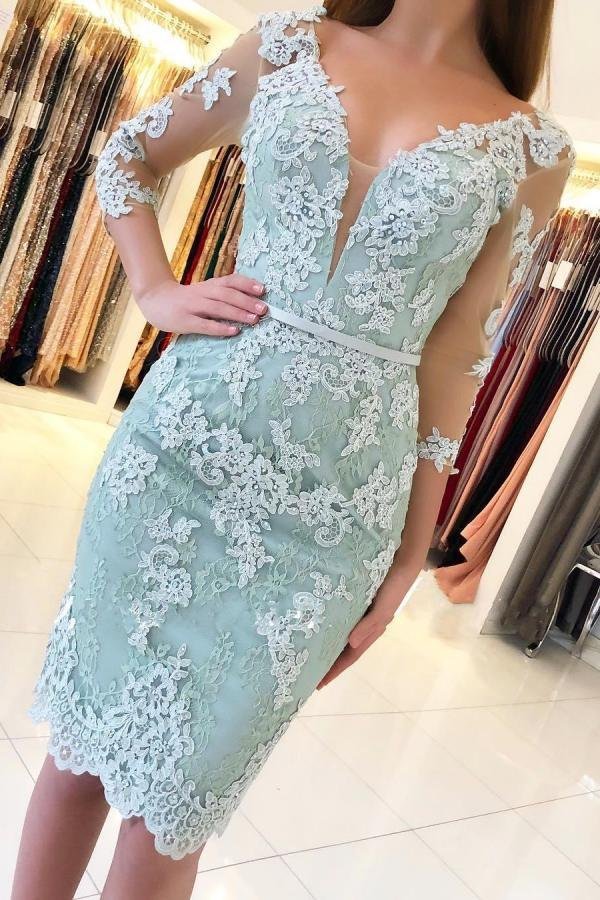 Sheath 3/4 Sleeve Short Prom Dress Lace Appliques Homecoming Dress