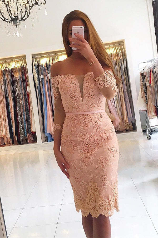 Sheath 3/4 Sleeve Short Prom Dress Lace Appliques Homecoming Dress