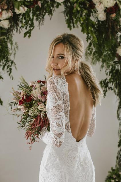 Sheath Illusion Neck Ivory Wedding Dress Rustic Lace Bridal Gown