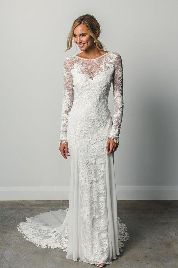 Sheath Illusion Neck Ivory Wedding Dress Rustic Lace Bridal Gown