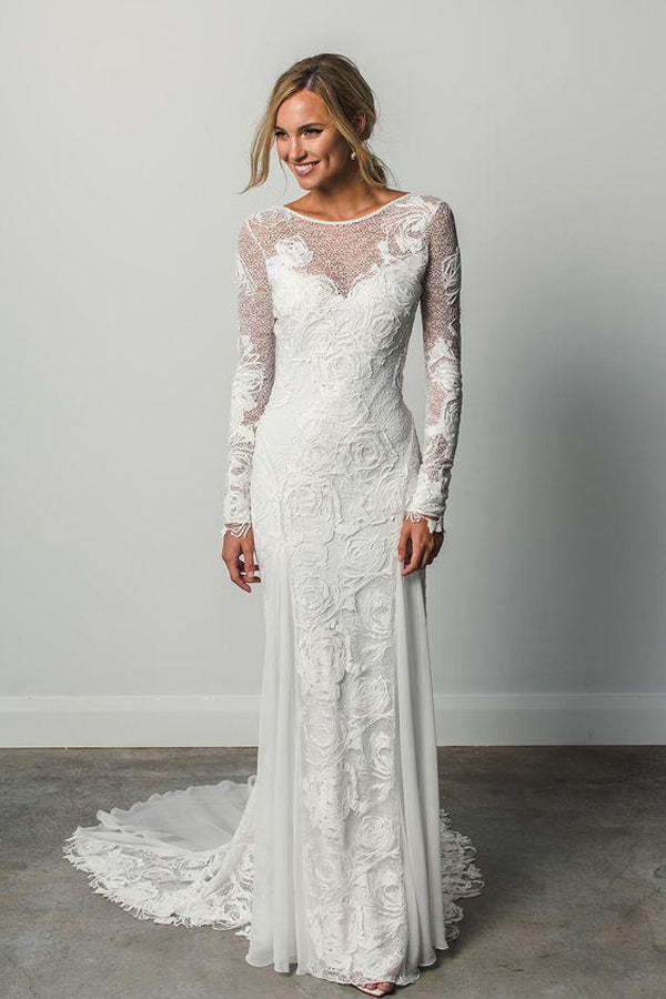 Sheath Illusion Neck Ivory Wedding Dress Rustic Lace Bridal Gown