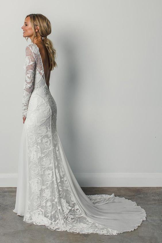 Sheath Illusion Neck Ivory Wedding Dress Rustic Lace Bridal Gown