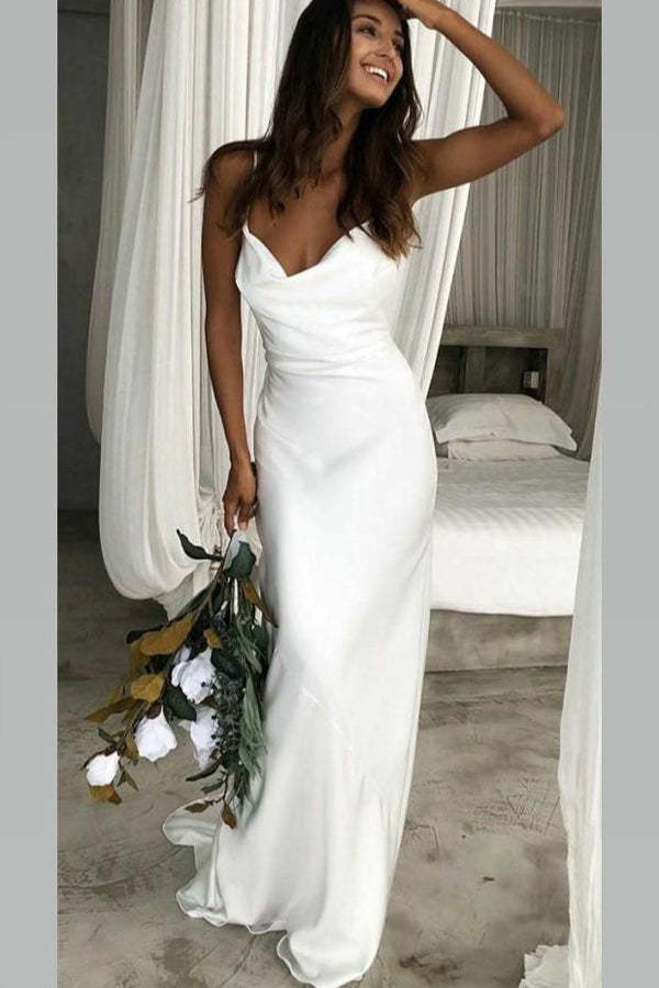 Sheath Cowl Neck Bridal Dress Vintage Ivory Satin Wedding Dress