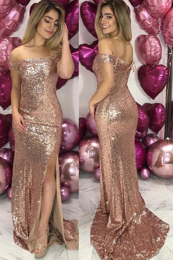 Sheath Off The Shoulder Sequins Prom Dress Slit Formal Dress