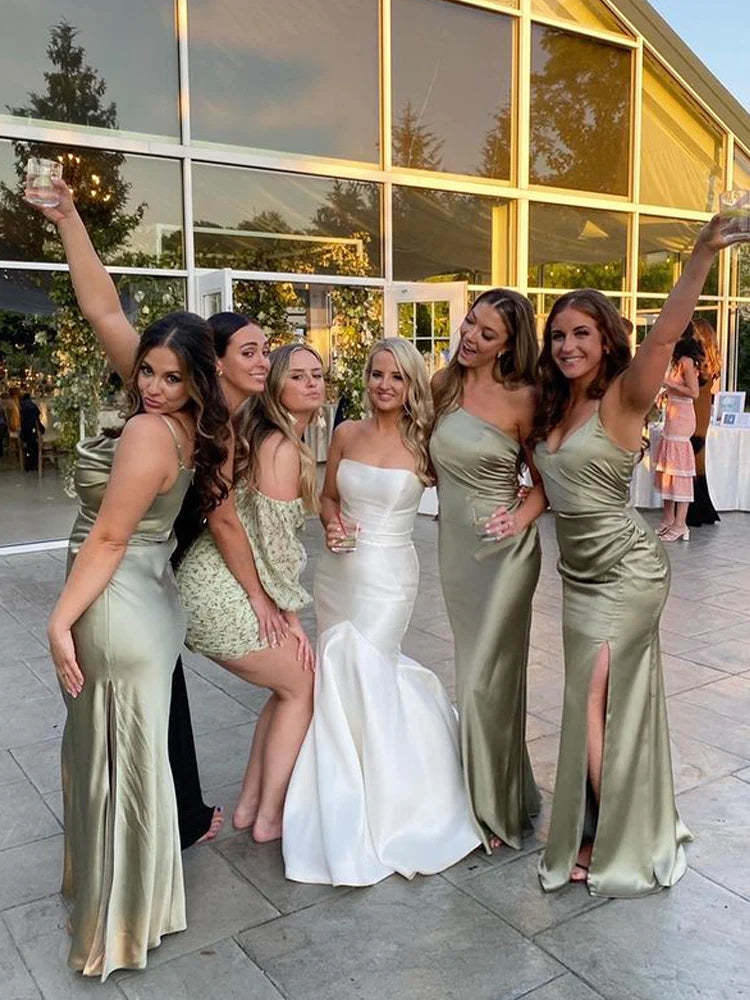 Sheath Saga Green Floor Length Bridesmaid Dress With Split  winkbridal