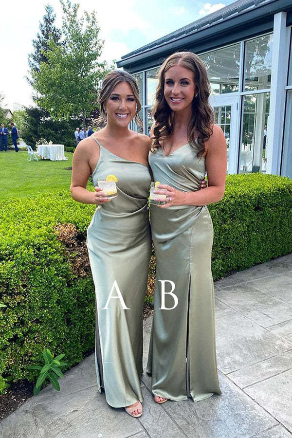 Sheath Saga Green Floor Length Bridesmaid Dress With Split  winkbridal