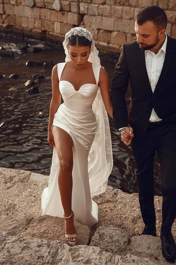 Sheath Sweetheart Ivory Wedding Dress With High Slit WW260