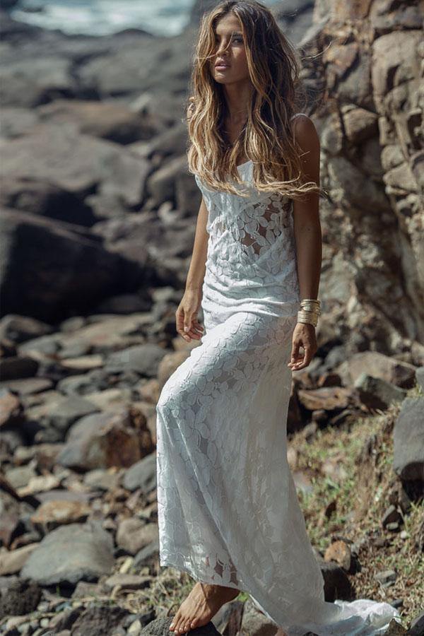 Sheath White Lace Beach Wedding Dress Spaghetti Straps Bridal dress