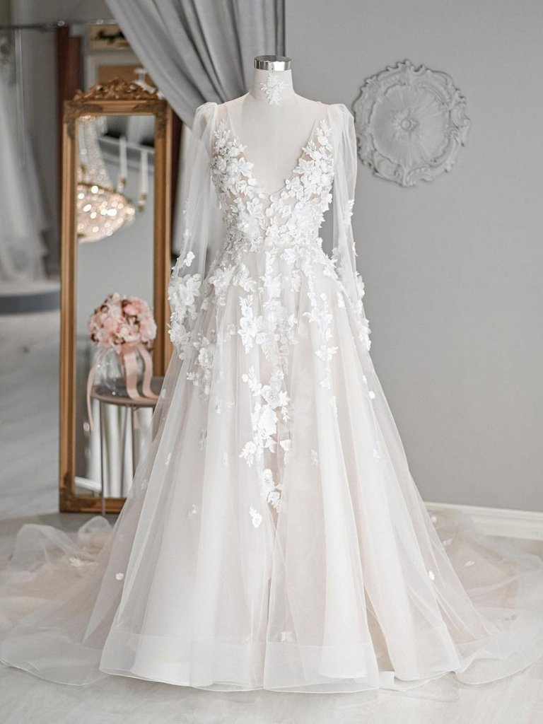 Sheer Sleeve Ivory Tulle Wedding Dress Floral Bridal Gown
