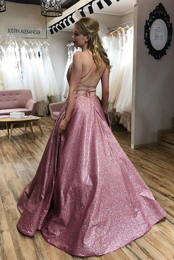 Sparkly Scoop Neck Spaghetti Straps Prom Dress Split Party Dress
