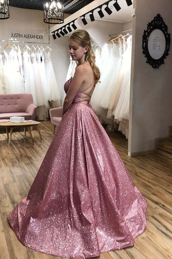 Sparkly Scoop Neck Spaghetti Straps Prom Dress Split Party Dress