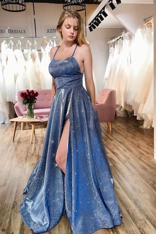 Sparkly Scoop Neck Spaghetti Straps Prom Dress Split Evening Dress