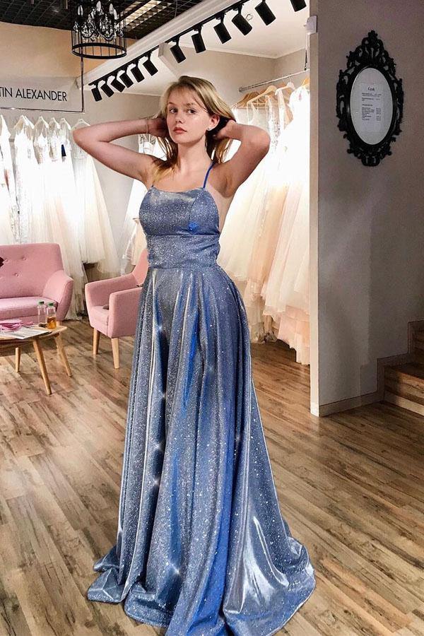 Sparkly Scoop Neck Spaghetti Straps Prom Dress Split Evening Dress