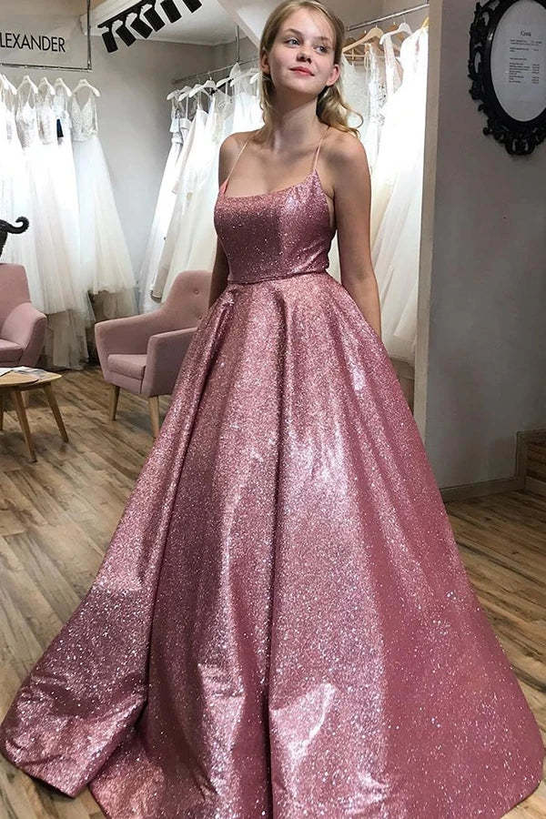 Sparkly Scoop Neck Spaghetti Straps Prom Dress Split Party Dress