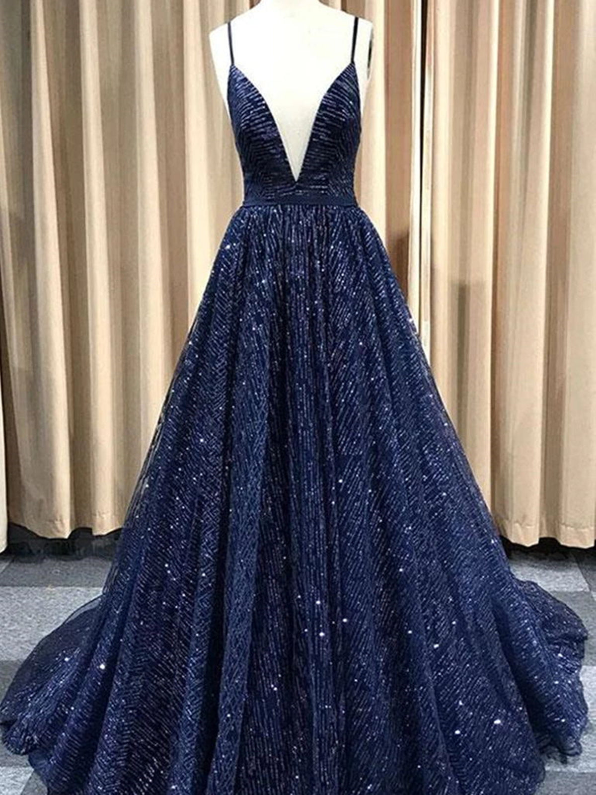Shiny A Line V Neck Navy BlueRedChampagne Prom Dresses, Shiny V Neck Formal Graduation Dresses