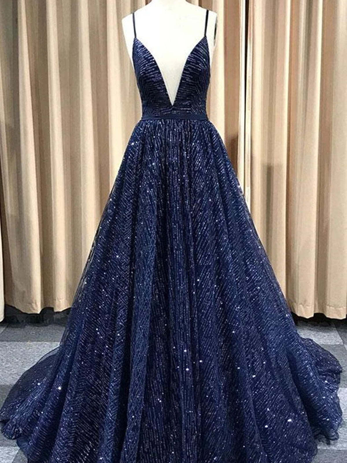 Shiny A Line V Neck Navy BlueRedChampagne Prom Dresses, Shiny V Neck Formal Graduation Dresses