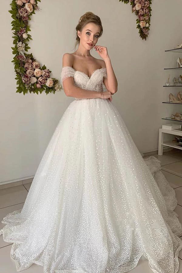 Shiny Off The Shoulder Ivory Wedding Dresses Long Prom Dress