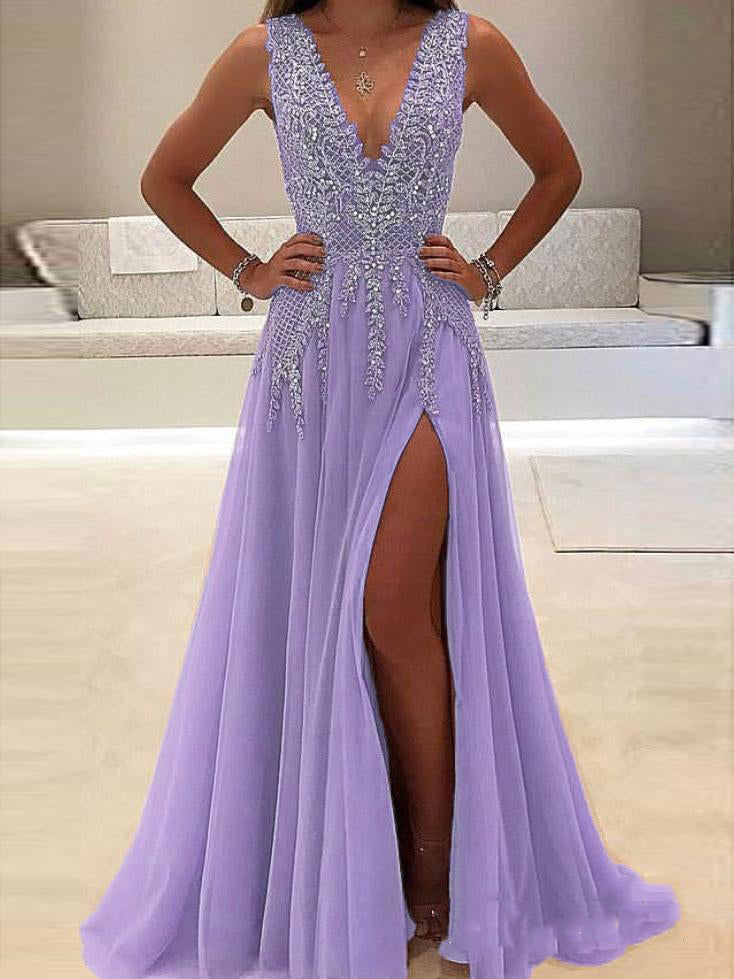 Shiny Rhinestone Long Prom Dress With Slit Open Back Evening Dress