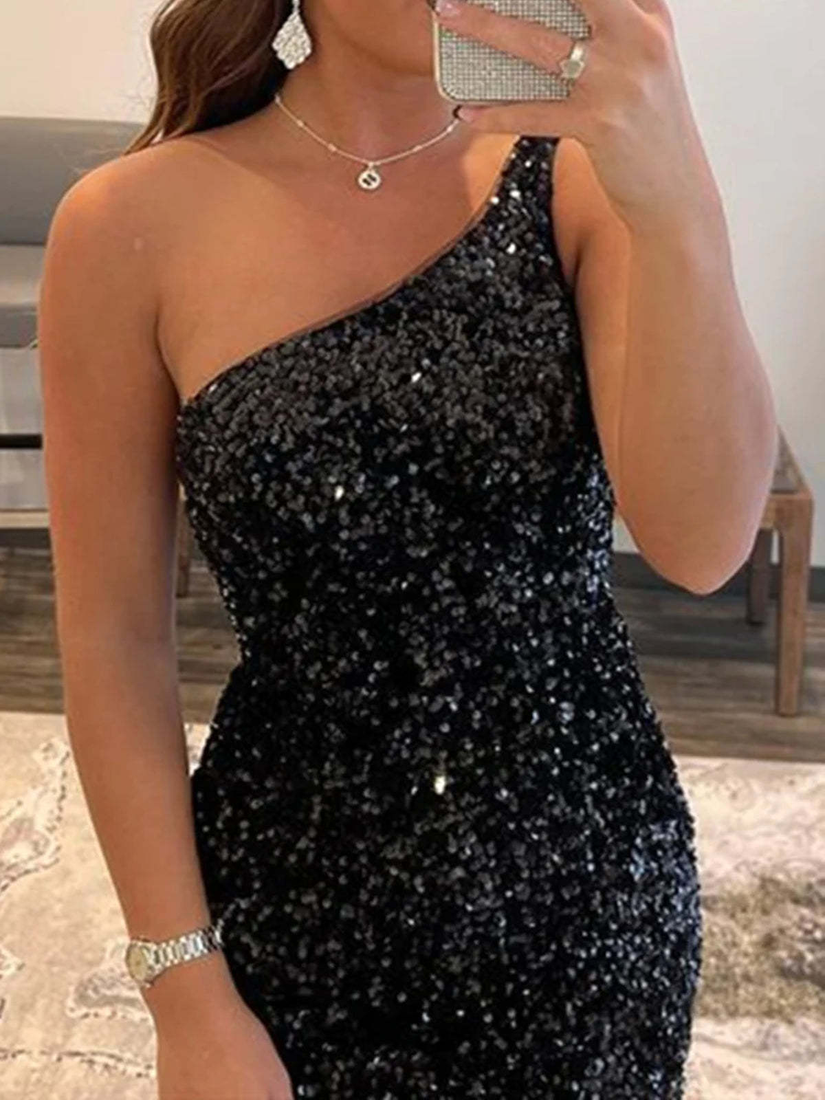 Shiny Sequins One Shoulder Black Prom Dresses, Short Black Homecoming Dresses, Black Formal Graduation Evening Dresses