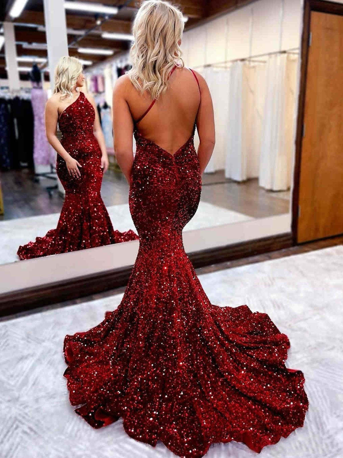Shiny Sequins One Shoulder Mermaid Backless Burgundy Long Prom Dresses, Mermaid Burgundy Formal Dresses, Burgundy Evening Dresses 