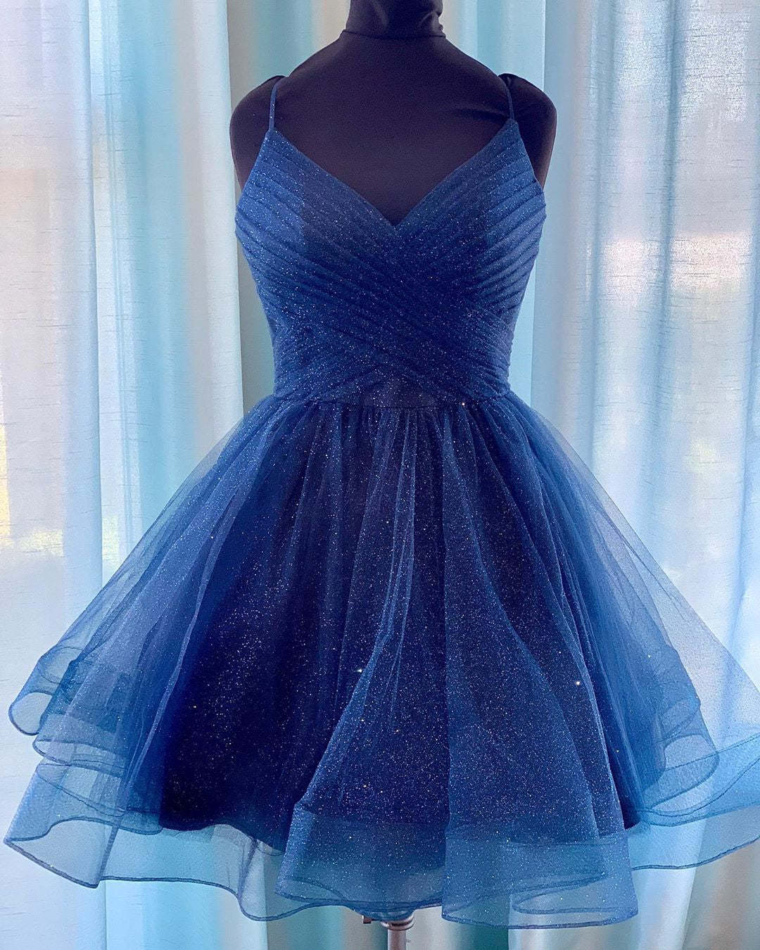 Shiny V Neck Navy Blue Short Prom Dresses Homecoming Dresses, V Neck Navy Blue Formal Graduation Evening Dresses
