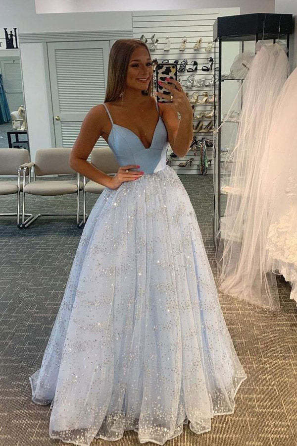 Shiny V Neck Spaghetti Straps Prom Dress Blue Formal Evening Dress
