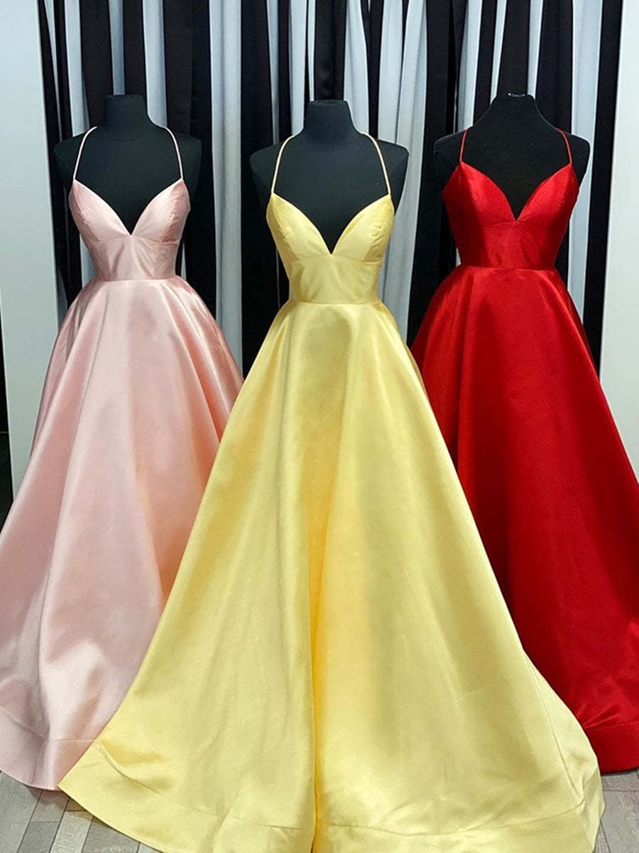 Simple A Line V Neck Backless Pink Satin Long Prom Dresses, Backless Pink Formal Dresses, Pink Evening Dresses