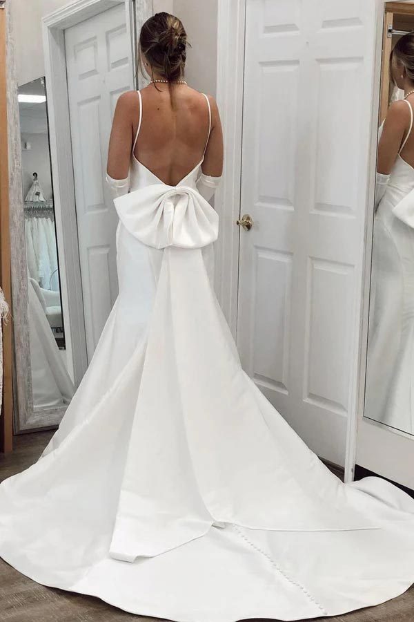 Simple Mermaid Ivory Satin Sexy Back Long Wedding Dress WW268
