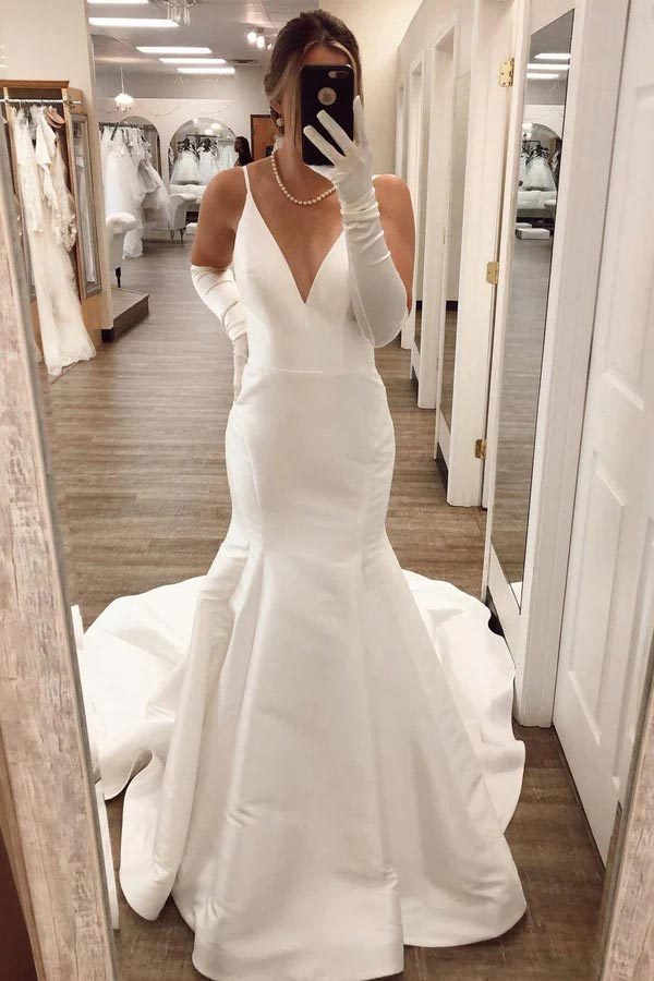 Simple Mermaid Ivory Satin Sexy Back Long Wedding Dress WW268