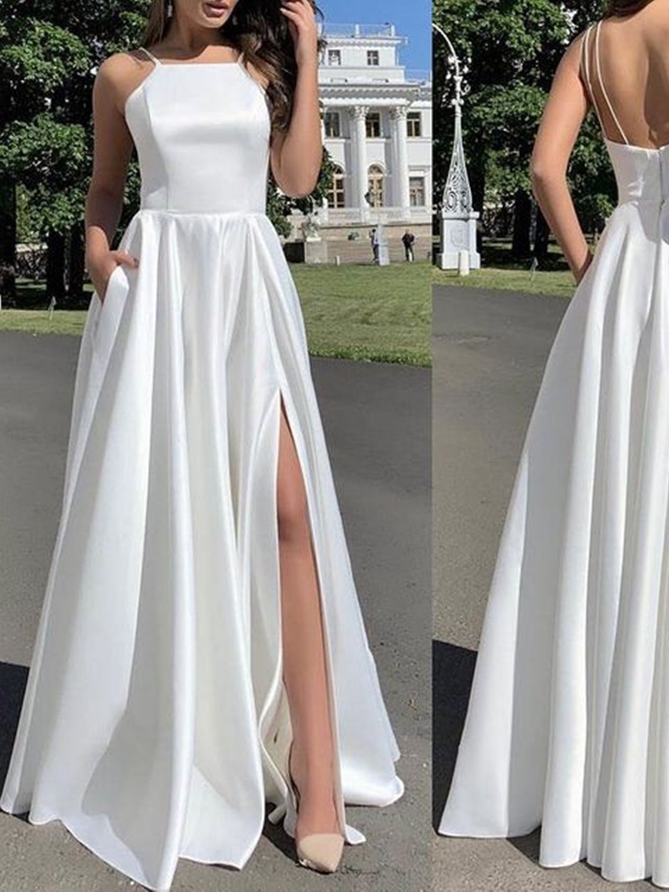 Simple Open Back White Satin Long Prom Dresses with High Slit, Long White Formal Graduation Evening Dresses