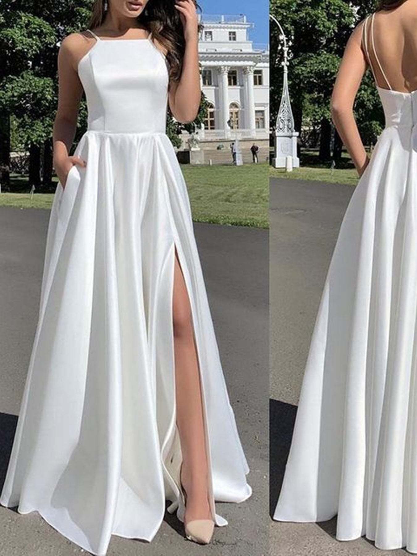 Simple Open Back White Satin Long Prom Dresses with High Slit, Long White Formal Graduation Evening Dresses