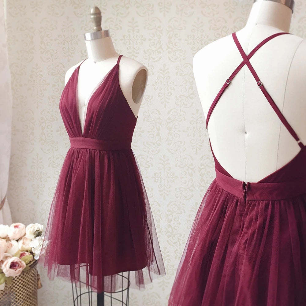 Simple V Neck Backless Burgundy Short Prom Dresses Homecoming Dresses, Burgundy Backless Formal Graduation Evening Dresses